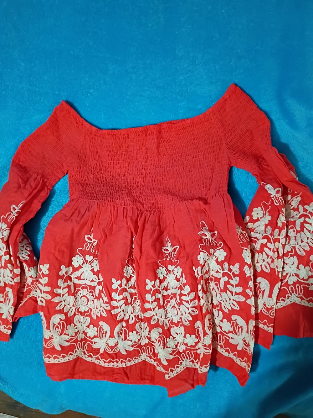 Flying Tomato Red Embroidered Off-Shoulder Tunic